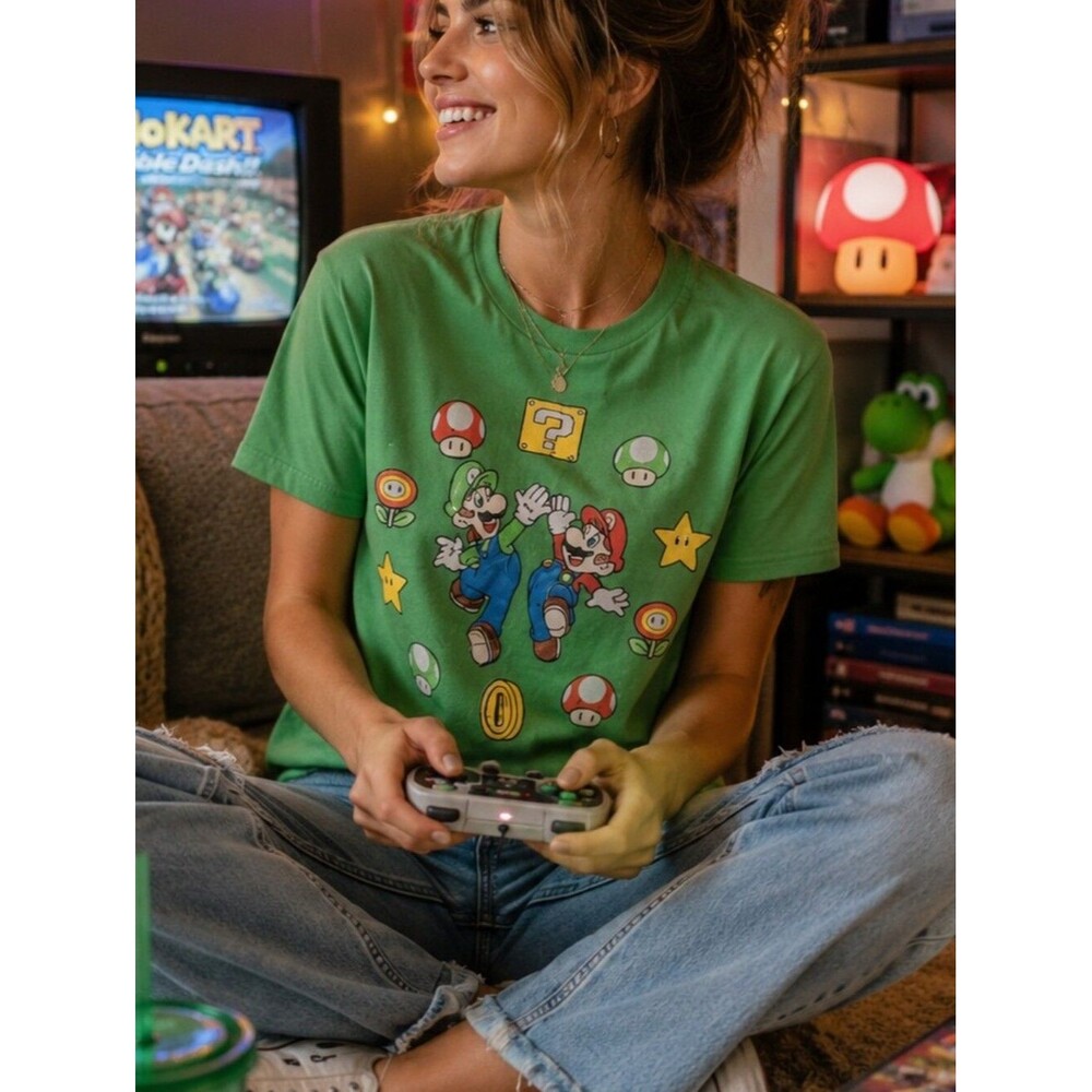 Nintendo Super Mario Bros. Green Graphic Tee XL Luigi Gamer Emo Grunge Retro